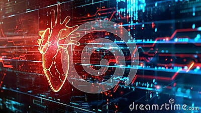 Artificial intelligence technology for cardiac care. AI code and heartbeat line Stock Photo