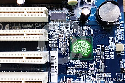 Artificial intelligence technology concept with neural network from gears in human brain shape, computer mainboard as background Stock Photo