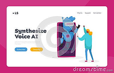 Artificial Intelligence Technology Landing Page Template. Voice Recognition Concept. Tiny Scientist Sound Control Stock Photo