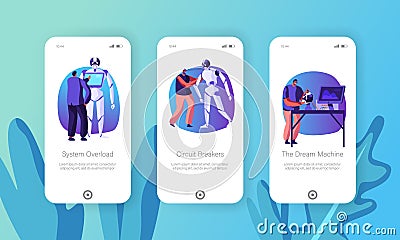 Artificial Intelligence Technology Mobile App Page Onboard Screen Set, Engineers Making Robot in Laboratory with Hi-Tech Equipment Vector Illustration