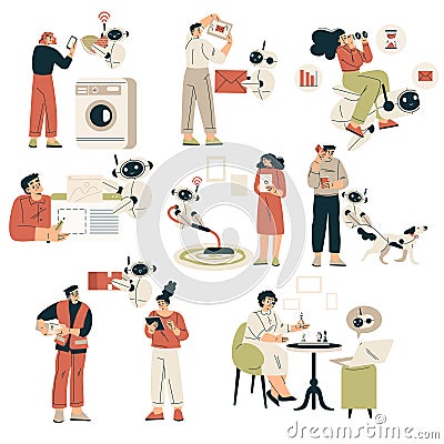 Artificial Intelligence Technology with People Character Interacting with Smart Bot Vector Set Vector Illustration