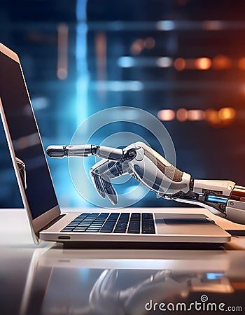 Artificial intelligence and technology. Robotic hand pointing at laptop. Robot using a laptop computer. Stock Photo