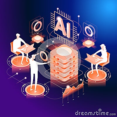 Artificial intelligence tool for data analysis. AI technology for charts and marketing strategy. Training for AI engineers. Using Vector Illustration