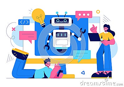 Artificial Intelligence Vector Illustration featuring a Digital Brain, Technology, and Engineering with a Programmer Analyzing Vector Illustration