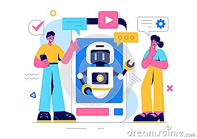 Artificial Intelligence Vector Illustration featuring a Digital Brain, Technology, and Engineering with a Programmer Analyzing Vector Illustration