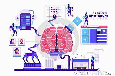 Artificial intelligence vector illustration in flat design. Brain, robots, computer, cloud storage, servers, robohand Vector Illustration