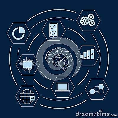 Artificial intelligence vector illustration. Modern cyberbrain concept. Machine learning and neural network. Artificial Vector Illustration