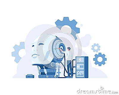 Artificial intelligence vector illustration of scientists men building human head with cogwheels and wires Vector Illustration
