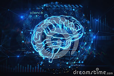 Artificial intelligence virtual emulation scientific technology concept with digital glowing blue human brain with convolutions on Stock Photo