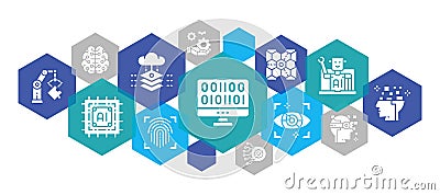 Artificial Intelligence web banner. Robotics, Chatbot, Database, Big Data vector horizontal line icons illustration Vector Illustration