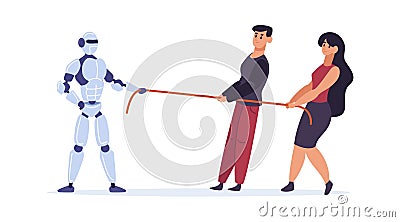 Artificial intelligence winning in strength and endurance people. Humans and robots having competition Vector Illustration
