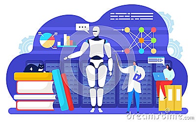 Artificial intelligent machine learning vector illustration, cartoon flat tiny scientist character teaching digital Vector Illustration