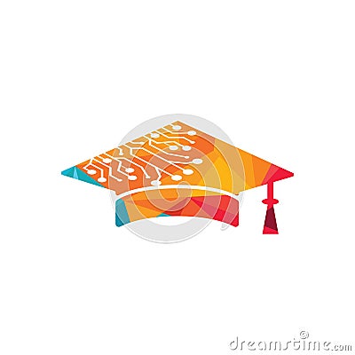 Artificial intelligent technology with graduation cap logo design. Vector Illustration