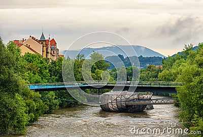 Murinsel artificial island on the Mur river in Graz at sunset, Austria Editorial Stock Photo