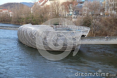 An artificial island on the Mur river in Graz, Austria Editorial Stock Photo