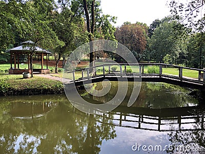 Artificial lake pond in the park of Pejacevic castle or Umjetno jezero ribnjak u perivoju dvorca Pejacevic Stock Photo