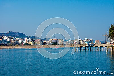 The artificial lake of tirana against the cityscape Stock Photo