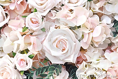 Artificial light pink and white roses frame, festive flowers background, floral card Stock Photo