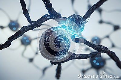 Artificial neuron concept, neural repair treatment, Alzheimer treatment concept, synapses exchanging impulses Stock Photo
