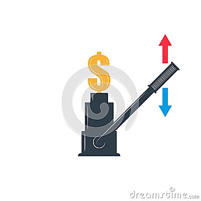 Artificial rise or fall of the dollar exchange rate financial metaphor, rate cut economic illustration, dollar sign on jack with Vector Illustration