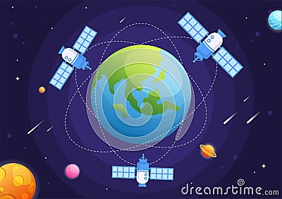 Artificial Satellites Orbiting the Planet Earth with Wireless Technology Global 5G Internet Network Satellite Communication Vector Illustration