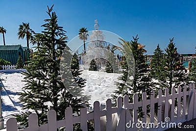 Artificial snow and Christmas trees at the resort - winter and Christmas in hot countries concept Stock Photo