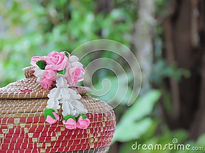 Artificial Thai garlands made of clay, on the box weave Stock Photo