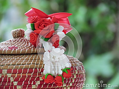 Artificial Thai garlands made of clay, on the box weave with nat Stock Photo