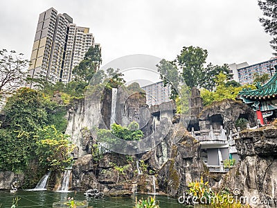 Artificial waterfall in Wong Tai Sin Temple, Hong Kong Editorial Stock Photo