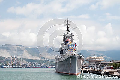 Artillery cruiser Mikhail Kutuzov in the port of Novorossiysk Editorial Stock Photo