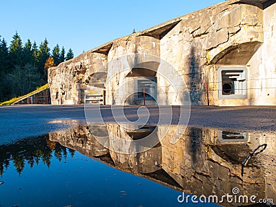 Artillery fortress Hanicka in Orlicke Hory, Czech Republic. Old massive stronghold from World War II Stock Photo