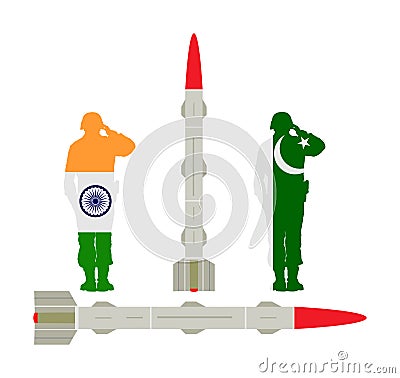 India Missile Rocket with nuclear bomb against Pakistan nuclear power. War threat. Powerful army weapon for battle. Doomsday alert Cartoon Illustration