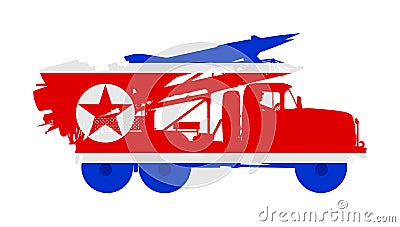 North Korea Missile Rocket carrier with nuclear bomb. War threat. Powerful army weapon for battle. Cartoon Illustration
