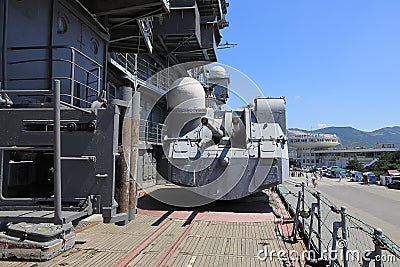 Artillery tower of the cruiser Mikhail Kutuzov in port. Russia, Krasnodar region, Novorossiysk, June 22, 2019 Editorial Stock Photo