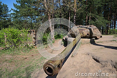 Artillery tower installation, AFDS on the base of the tower tank is-4, sunny may day Editorial Stock Photo