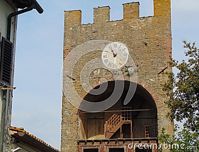 Artimino, Tuscany, Italy, turreted door-Porta turrita with clock , view. Editorial Stock Photo
