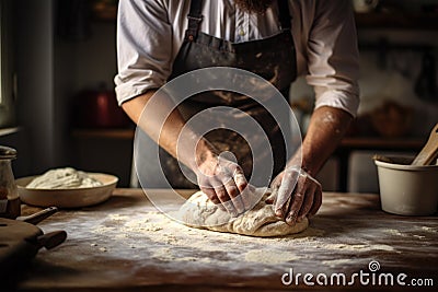 Artisan baker kneading dough in cozy kitchen Stock Photo