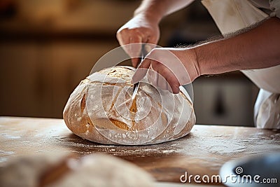 artisan baker scoring sourdough with a lame on a wooden countertop Stock Photo