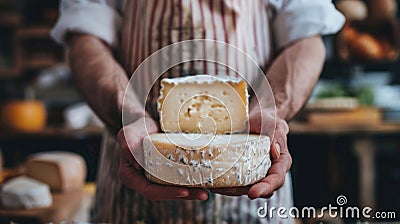 Artisan cheese maker holding matured wheels of cheese Stock Photo
