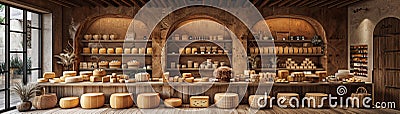 Artisan cheese shop with aged wheels and a tasting counter3D render Stock Photo