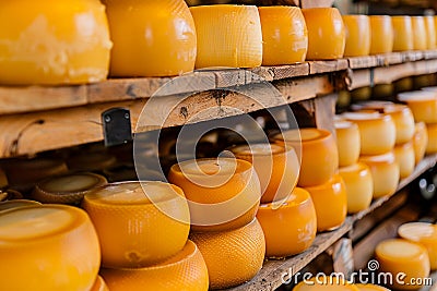 Artisan cheese wheels wooden shelves dairy factory. Food quality, cheesemaking craft Stock Photo