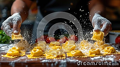 Artisan chef handcrafting fresh ravioli with a dusting of flour in a professional kitchen. Stock Photo