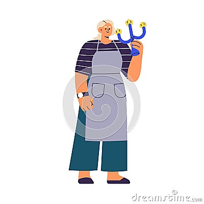 Artisan holds candelabrum. Creative woman with handmade candleholder, candelabra. Girl in apron with candle holder Vector Illustration