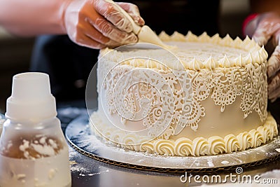 artisan piping intricate lace patterns with icing on a cake Stock Photo