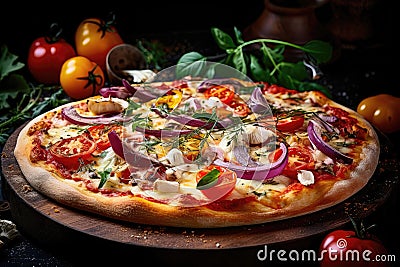 An artisan pizza on a wooden board Stock Photo