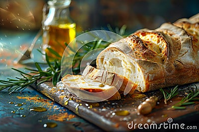 Artisan Sliced Bread on Wooden Board with Olive Oil and Rosemary Sprigs, Cozy Rustic Kitchen Atmosphere Stock Photo