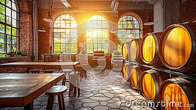 Artisanal beer brewing in charming countryside barn a rustic setting for local craft beer promotion Stock Photo