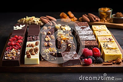 artisanal chocolate bars with various unique toppings Stock Photo