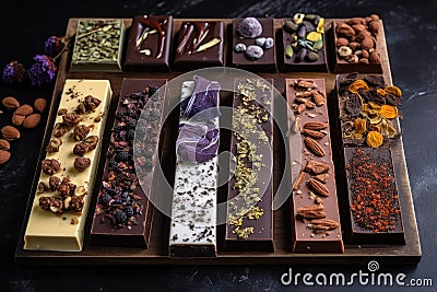 artisanal chocolate bars with various unique toppings Stock Photo