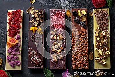 artisanal chocolate bars with various unique toppings Stock Photo